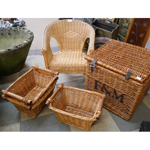 354 - A child's wicker chair, three baskets and a Fortnum & Mason picnic basket