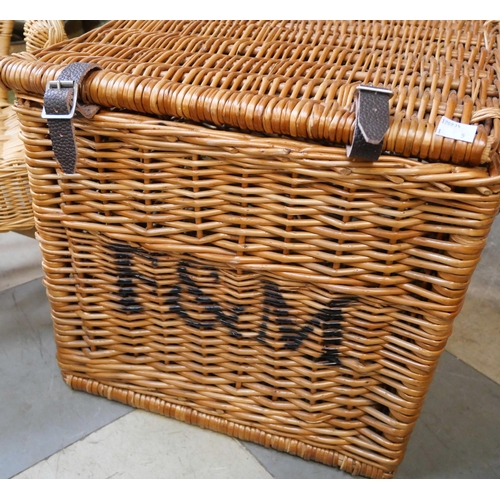 354 - A child's wicker chair, three baskets and a Fortnum & Mason picnic basket