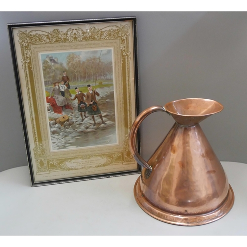 366 - A copper jug, a print; At Balmoral, 1911, and a splash back mirror