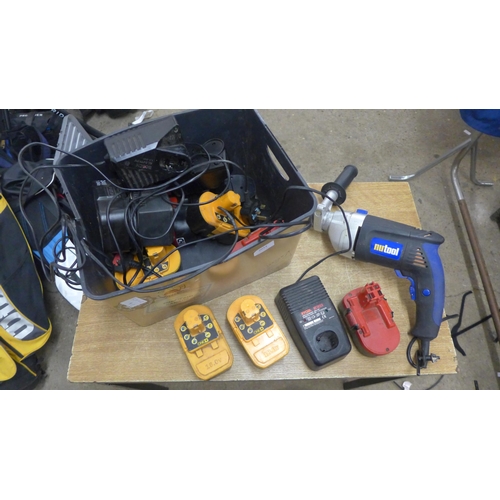 2014 - A Nutool corded drill (NTPD1050-H) and a box of various batteries for drills including One+, Wickes,... 