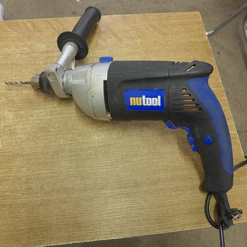 2014 - A Nutool corded drill (NTPD1050-H) and a box of various batteries for drills including One+, Wickes,... 
