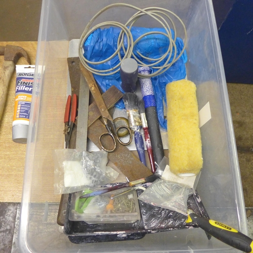 2030 - A box of assorted tools including a stool, a Draper 12v power pack, a Karcher window vac, hammers, e... 