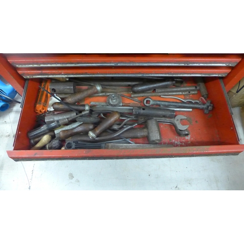 2042 - 2 Tool boxes, a stack-on red metal tool box with an assortment of tools inside - wrenches, hammers, ... 