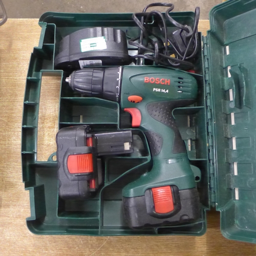 2050 - 2 Power tools - A Bosch PSR 14.4 cordless power drill with case, battery and charger, A Worx 240v 25... 