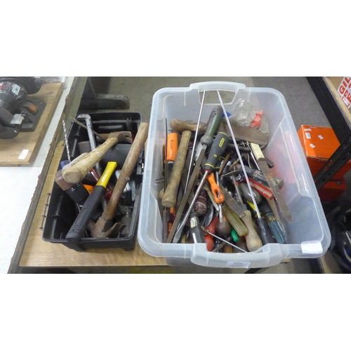 2054 - A quantity of assorted hand tools including files, screwdrivers, hammers, tape measures etc