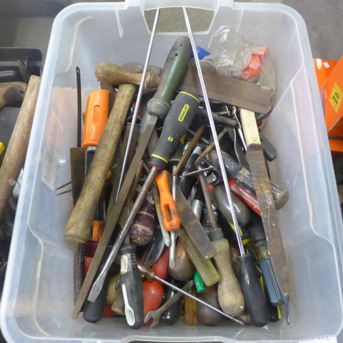 2054 - A quantity of assorted hand tools including files, screwdrivers, hammers, tape measures etc