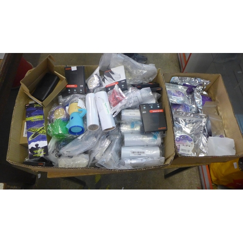 2102 - 2 Boxes of assorted items including cycling sensors, vinyl frog rolls, battery chargers, pet flea co... 