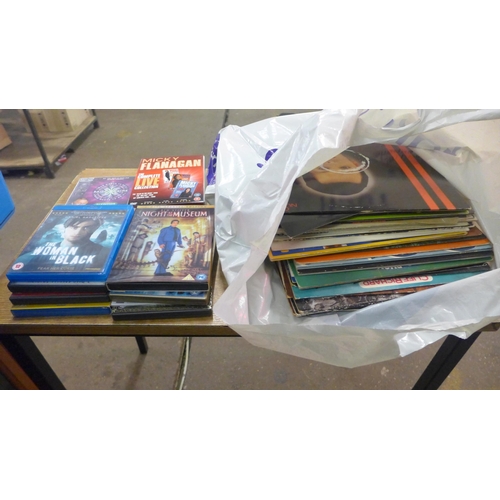 2156 - A bag of approx. 30 LPs; rock, pop, new wave, with assorted DVDs and Blu-Rays