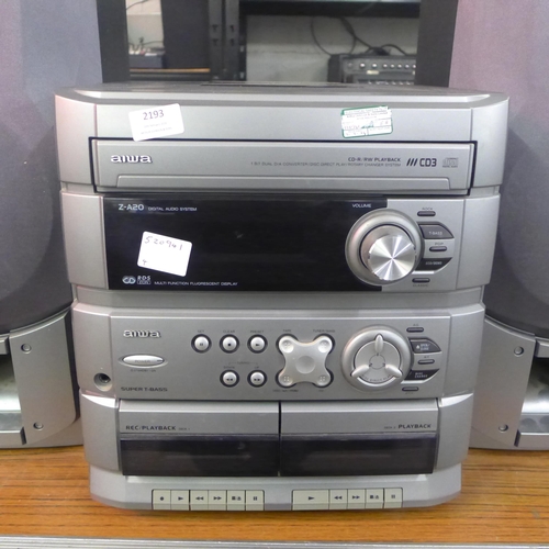 2193 - An Aiwa (CD-2A20K) CD stereo cassette receiver and a pair of Aiwa (SX-ZA20) stereo speakers