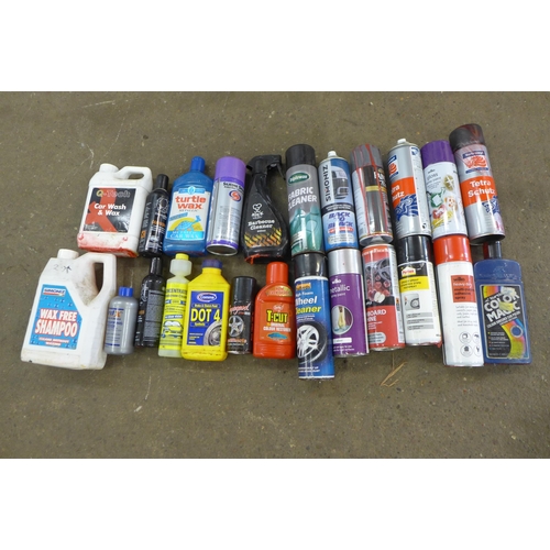 2262 - A box of various sprays including fabric cleaner, paint sprays, wax spray, etc.