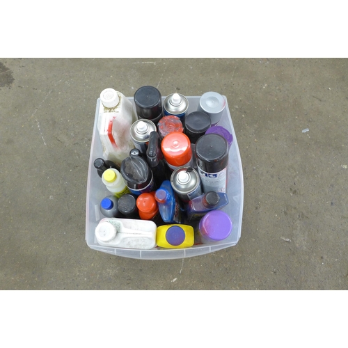 2262 - A box of various sprays including fabric cleaner, paint sprays, wax spray, etc.