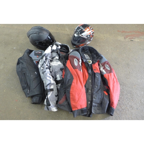 2265 - A quantity of motorcycle equipment - 2 helmets and 2 armoured jackets