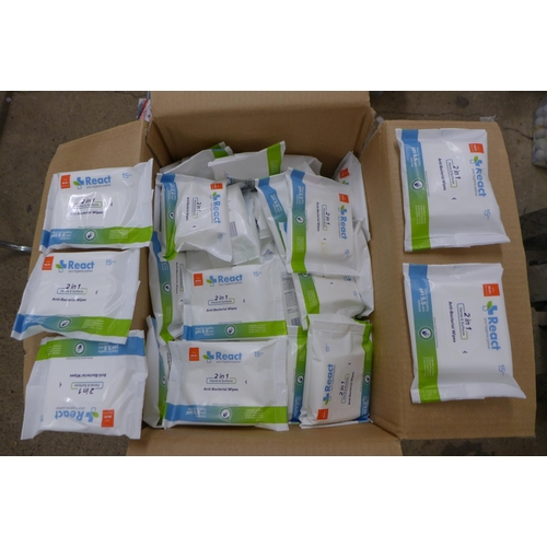 2290 - 4 Boxes of React 2 in 1 Antibacterial wipes - 60 packs per box, 15 wipes per pack (240 packs total)