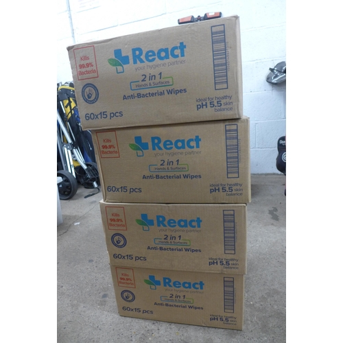 2290 - 4 Boxes of React 2 in 1 Antibacterial wipes - 60 packs per box, 15 wipes per pack (240 packs total)