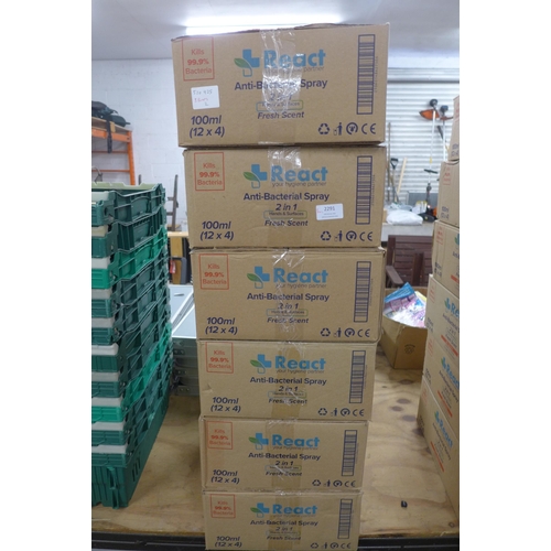 2291 - 8 Boxes of React Antibacterial spray, 48 cans per box (100ml cans)