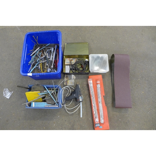 2307 - A box of assorted hand tools including hot glue gun, spanners, etc.