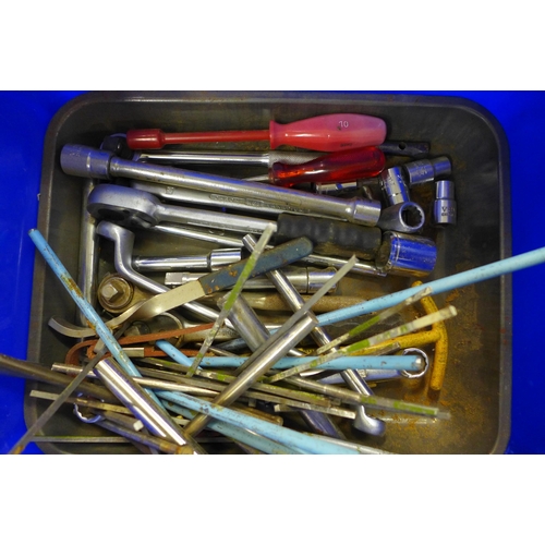 2307 - A box of assorted hand tools including hot glue gun, spanners, etc.