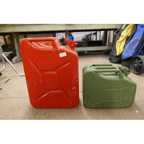 2329 - 2 Metal Jerry cans; 20l red and 10l green