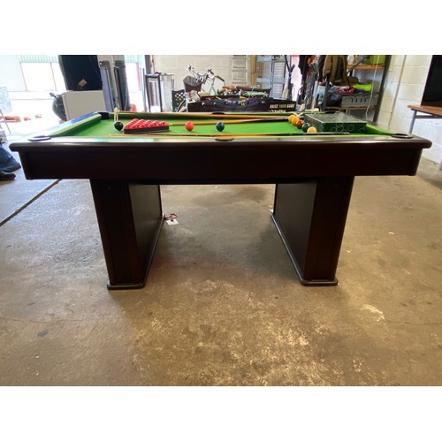 2206 - A darkwood slate bed pool table with cues, ball, score board