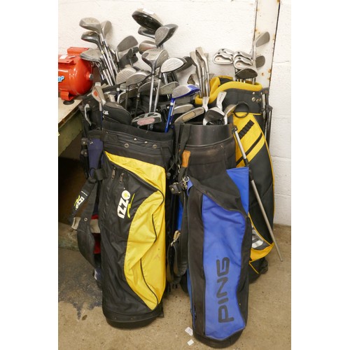 2253A - 7 Bags of golf clubs; drivers, irons, putters, Ram, Howson, Dunlop, Trident, Ping EXE iron no. 1