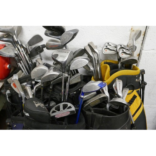 2253A - 7 Bags of golf clubs; drivers, irons, putters, Ram, Howson, Dunlop, Trident, Ping EXE iron no. 1