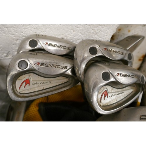 2253A - 7 Bags of golf clubs; drivers, irons, putters, Ram, Howson, Dunlop, Trident, Ping EXE iron no. 1