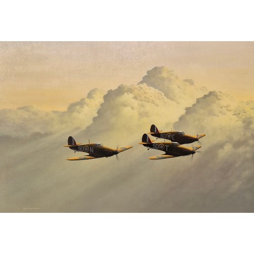 269 - J. Whitworth, two WWII Battle of Britain scenes with Spitfires and Hurricanes, oil on board, framed