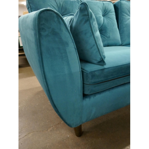 1424 - A turquoise Hoxton velvet three seater sofa, two seater sofa and footstool RRP £1797