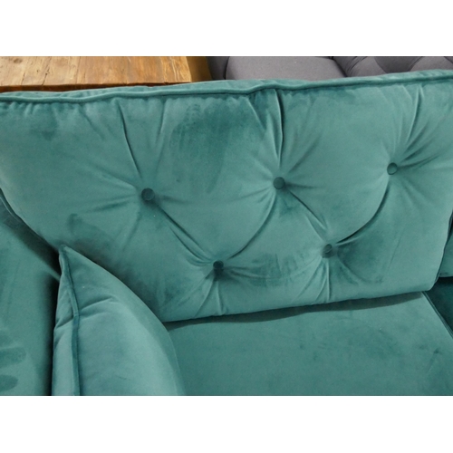 1424 - A turquoise Hoxton velvet three seater sofa, two seater sofa and footstool RRP £1797