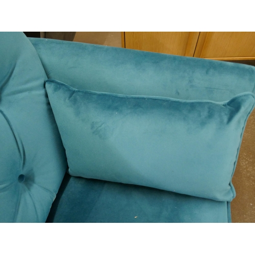 1424 - A turquoise Hoxton velvet three seater sofa, two seater sofa and footstool RRP £1797