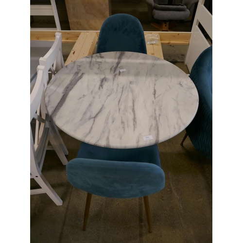 1607 - A marble effect circular table with two blue velvet upholstered chairs