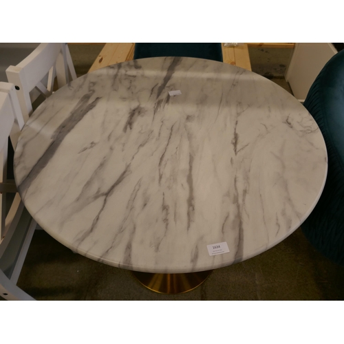 1607 - A marble effect circular table with two blue velvet upholstered chairs