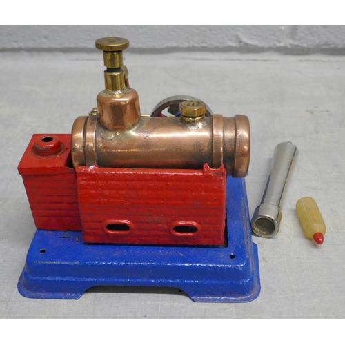 1124 - A Japanese Linemar Toys model steam engine, a Tri-ang wooden block pulley toy and a Boys Brigade Tub... 