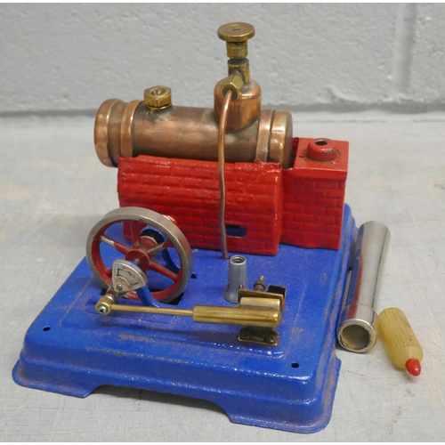 1124 - A Japanese Linemar Toys model steam engine, a Tri-ang wooden block pulley toy and a Boys Brigade Tub... 