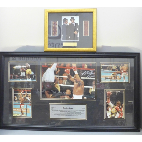 610 - A Riddick Bowe photo montage, main photo signed, with presentation plaque, framed and a Blues Brothe... 