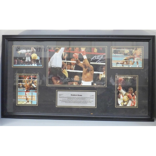 610 - A Riddick Bowe photo montage, main photo signed, with presentation plaque, framed and a Blues Brothe... 