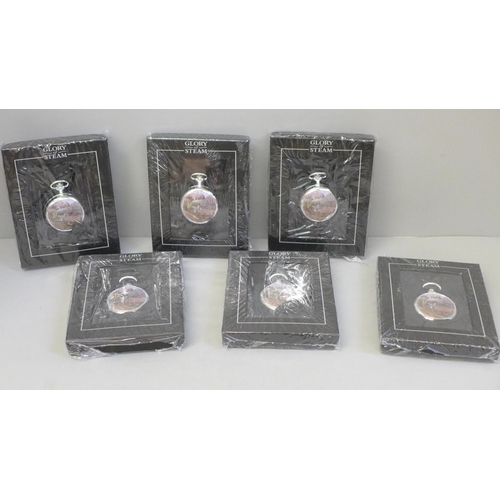 612 - Six mechanical Flying Scotsman Glory of Steam pocket watches, boxed