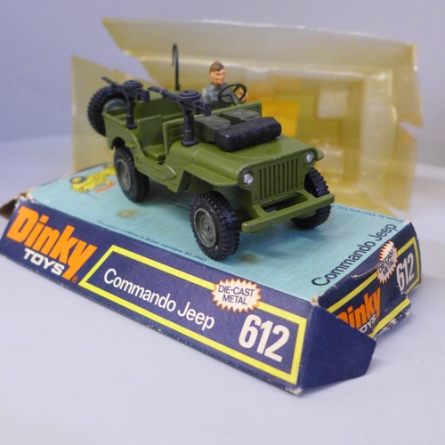 614 - Two Dinky Toys die-cast model vehicles; Commando Jeep, 612 and Artic Transporter with Chieftain Tank... 