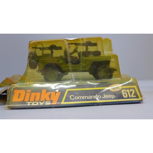 614 - Two Dinky Toys die-cast model vehicles; Commando Jeep, 612 and Artic Transporter with Chieftain Tank... 