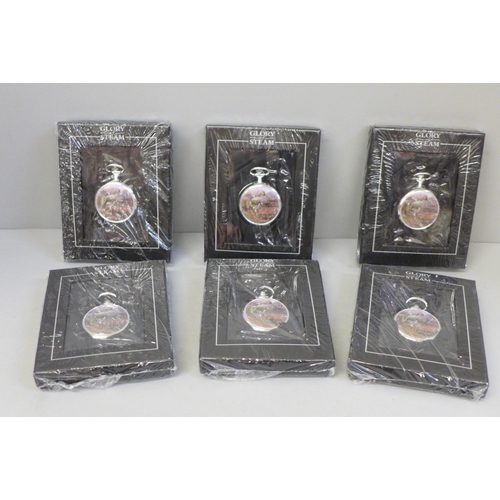 615 - Six mechanical Flying Scotsman Glory of Steam pocket watches, boxed