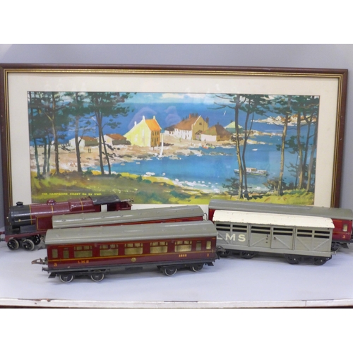 661 - Four O gauge coaches, an O gauge locomotive, and a framed print 'The Hampshire Coast, Go By Train' *... 