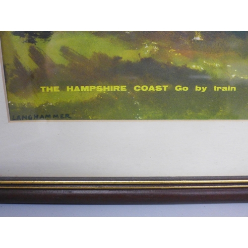 661 - Four O gauge coaches, an O gauge locomotive, and a framed print 'The Hampshire Coast, Go By Train' *... 