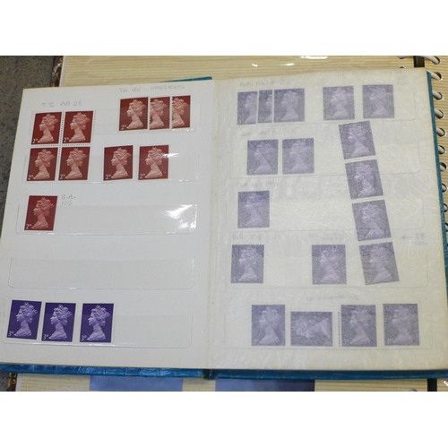 682 - Five albums of stamp blocks, coil strips, Machin definitives, extensively catalogued