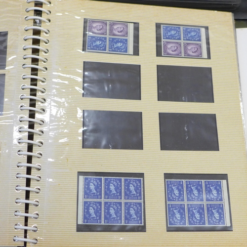 682 - Five albums of stamp blocks, coil strips, Machin definitives, extensively catalogued