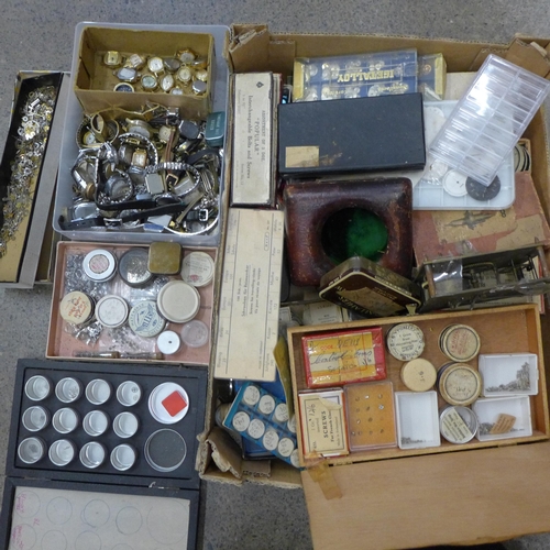 724 - A tub of lady's wristwatches and a box of watch spares