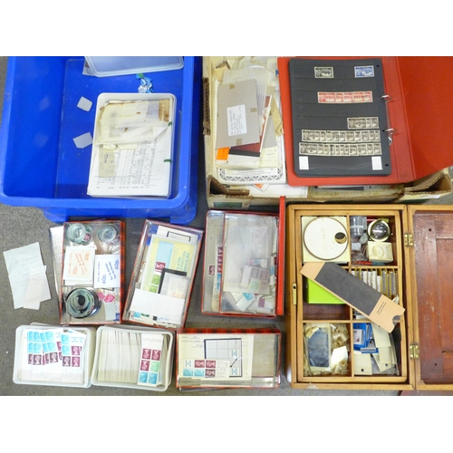 733 - Two boxes of used and mint stamps, correspondence, 10p booklets with low value stamps and a pine box... 