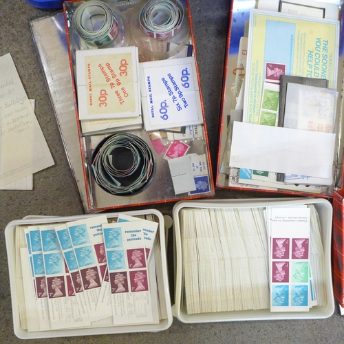 733 - Two boxes of used and mint stamps, correspondence, 10p booklets with low value stamps and a pine box... 