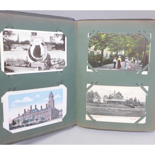 739 - A postcard album with 96 early to mid 20th Century Leicester postcards and a page of art postcards