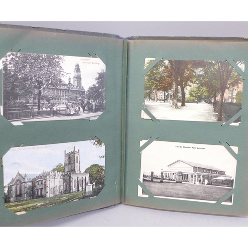 739 - A postcard album with 96 early to mid 20th Century Leicester postcards and a page of art postcards