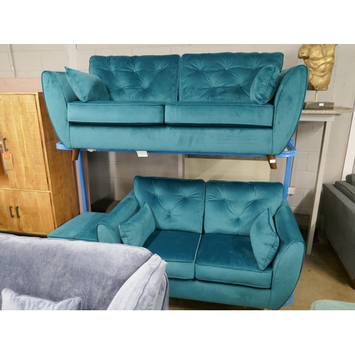 1424 - A turquoise Hoxton velvet three seater sofa, two seater sofa and footstool RRP £1797